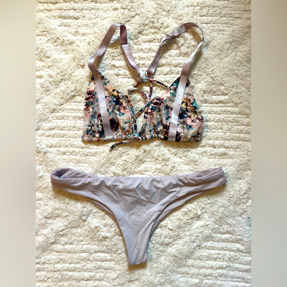 Floral bikini top and matching solid print bottom